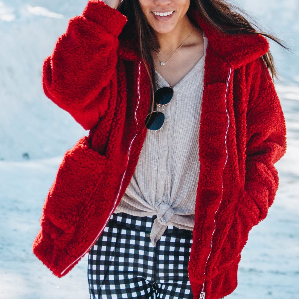 OVERSIZED TEDDY JACKET, RED